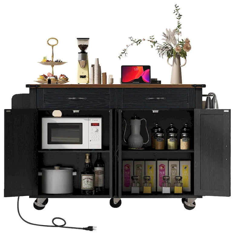 53.5 Farmhouse Kitchen Island with Power Outlet, Drop Leaf & Mobile Storage