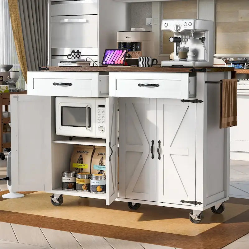 53.5 Farmhouse Kitchen Island with Power Outlet, Drop Leaf & Mobile Storage