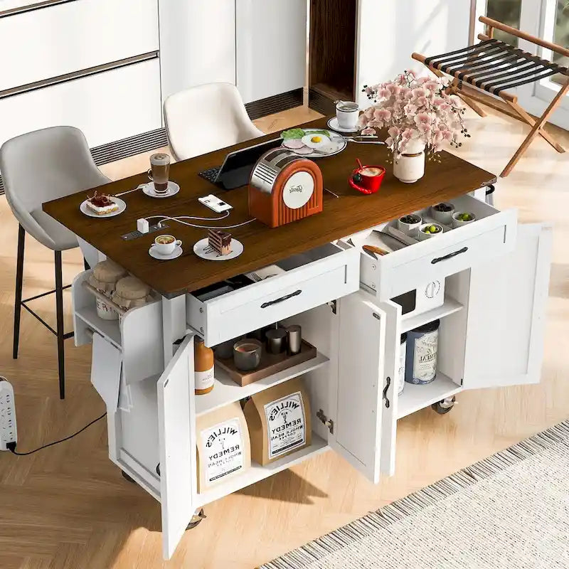 53.5 Farmhouse Kitchen Island with Power Outlet, Drop Leaf & Mobile Storage