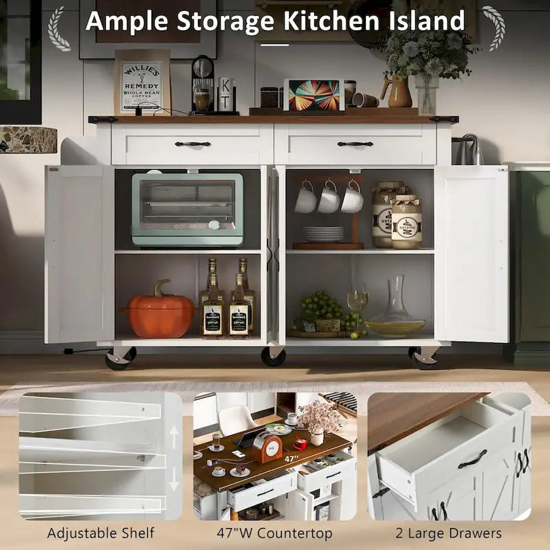 53.5 Farmhouse Kitchen Island with Power Outlet, Drop Leaf & Mobile Storage