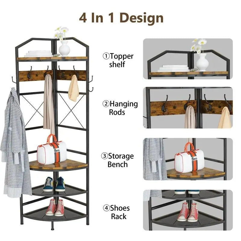 Entryway Corner Hall Tree with Shoe Rack, Coat Rack with 6 Double Hooks, Home Organizer for Entryway, Hallway, Closet, Bedroom