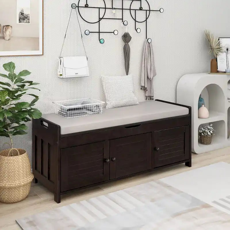 Storage Shoes Bench with 3 Shutter-shaped Doors and Removable Cushion