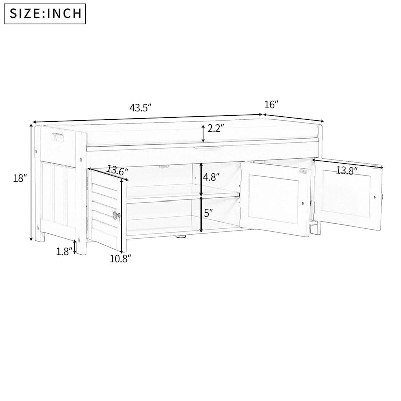 Storage Shoes Bench with 3 Shutter-shaped Doors and Removable Cushion