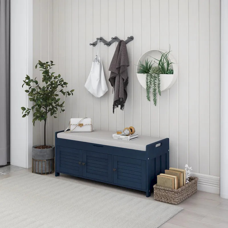 Storage Shoes Bench with 3 Shutter-shaped Doors and Removable Cushion