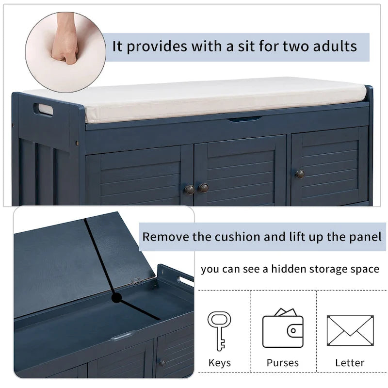 Storage Shoes Bench with 3 Shutter-shaped Doors and Removable Cushion