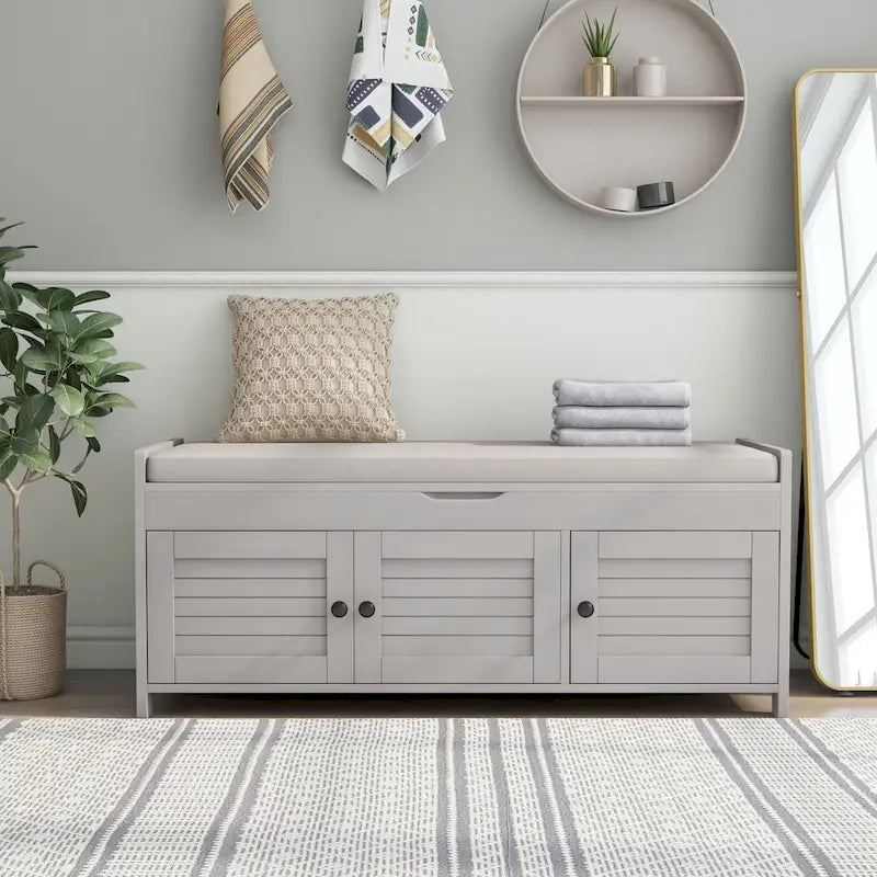 Storage Shoes Bench with 3 Shutter-shaped Doors and Removable Cushion