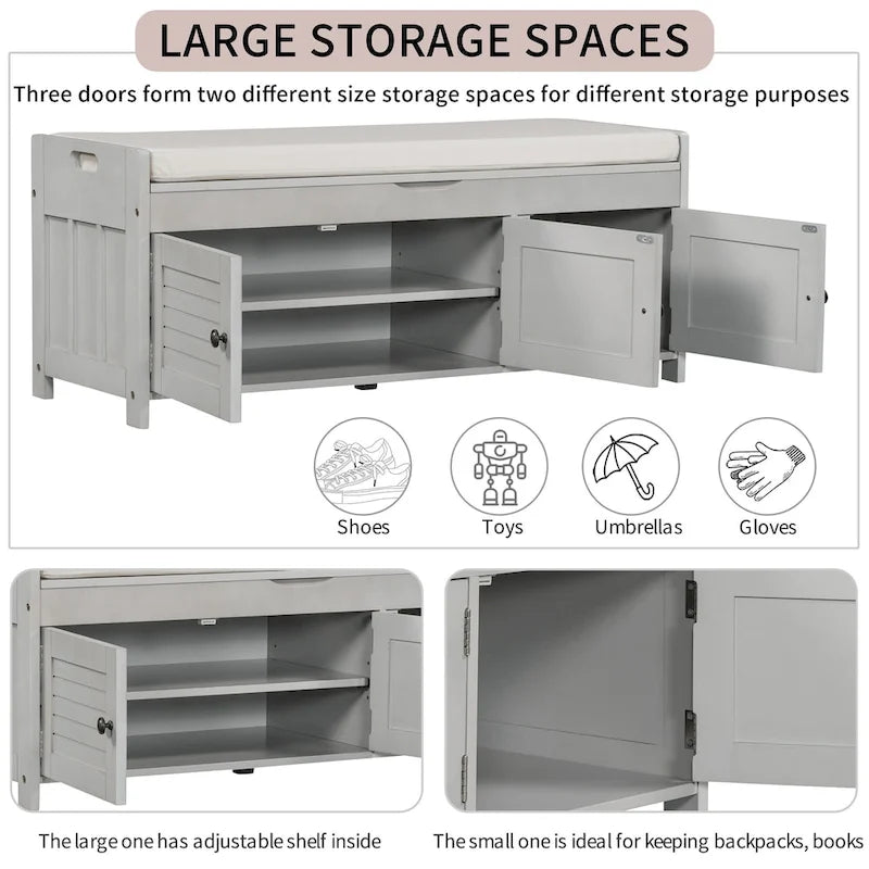 Storage Shoes Bench with 3 Shutter-shaped Doors and Removable Cushion