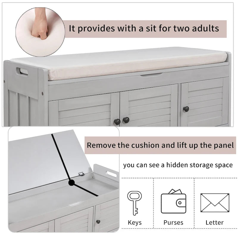 Storage Shoes Bench with 3 Shutter-shaped Doors and Removable Cushion