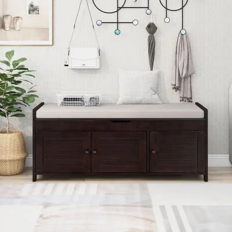 Storage Shoes Bench with 3 Shutter-shaped Doors and Removable Cushion