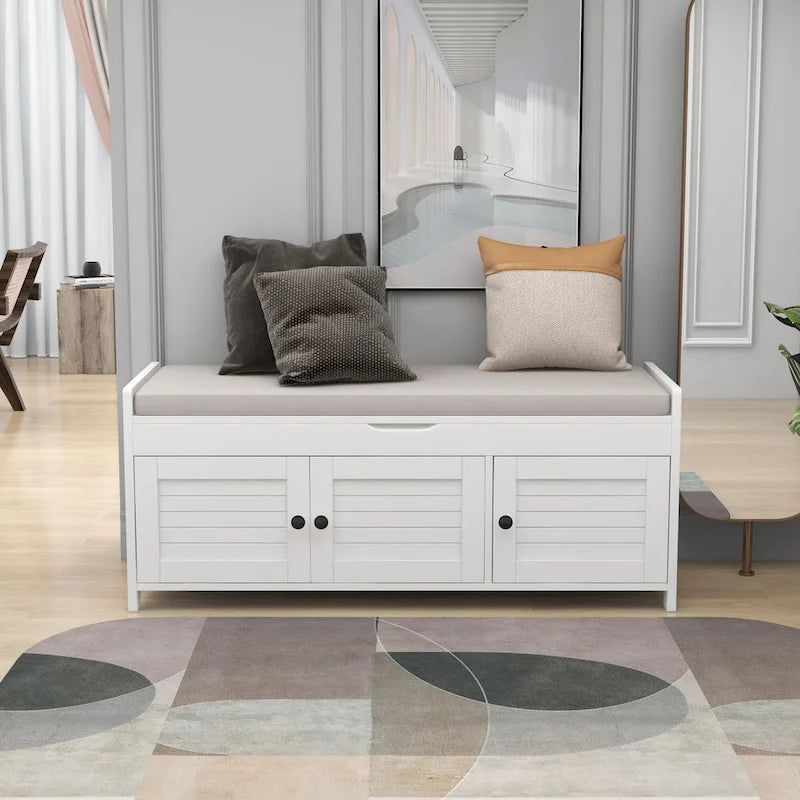 Storage Shoes Bench with 3 Shutter-shaped Doors and Removable Cushion