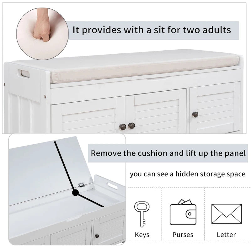 Storage Shoes Bench with 3 Shutter-shaped Doors and Removable Cushion