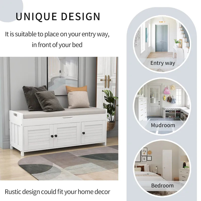 Storage Shoes Bench with 3 Shutter-shaped Doors and Removable Cushion