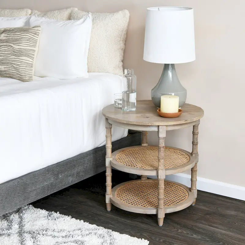 Round Mango Wood Table with 2 Cane Shelves