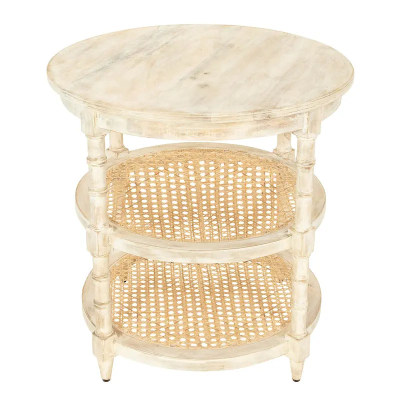 Round Mango Wood Table with 2 Cane Shelves
