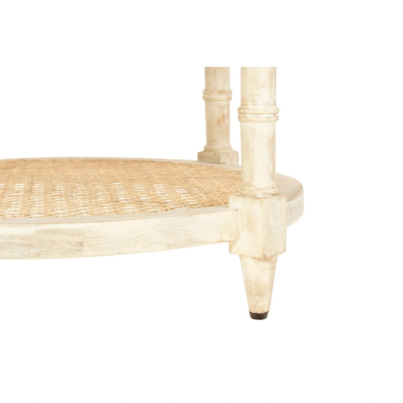 Round Mango Wood Table with 2 Cane Shelves