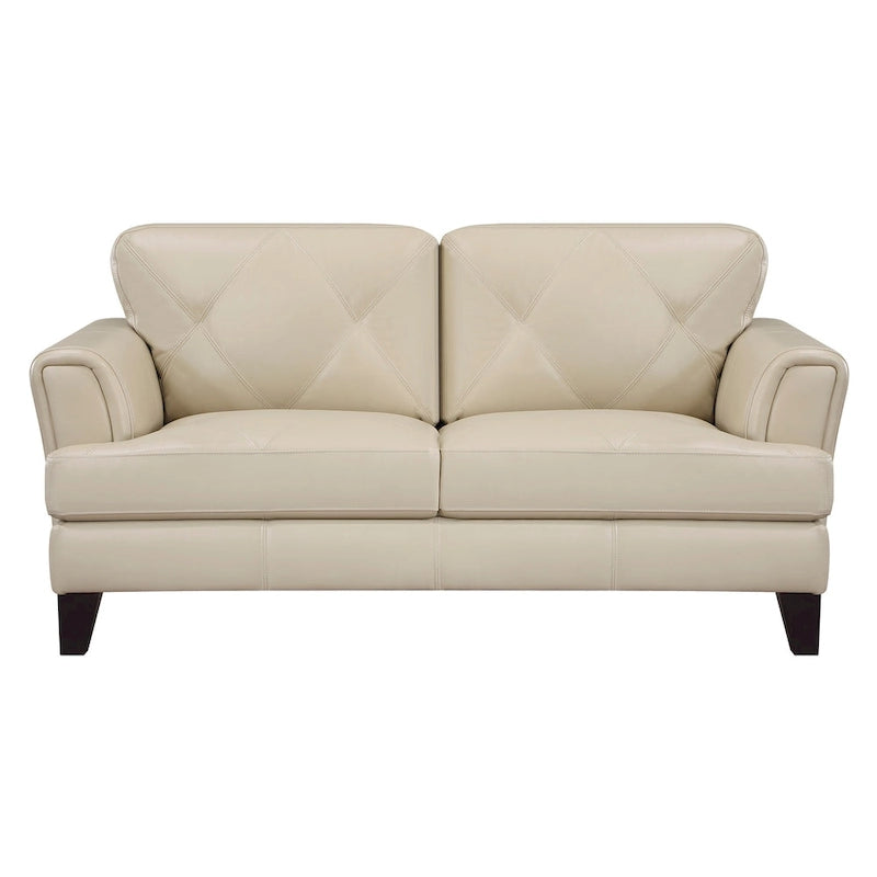 Lisa 71 Inch Loveseat, Cream Top Grain and Split Leather Brown Solid Wood