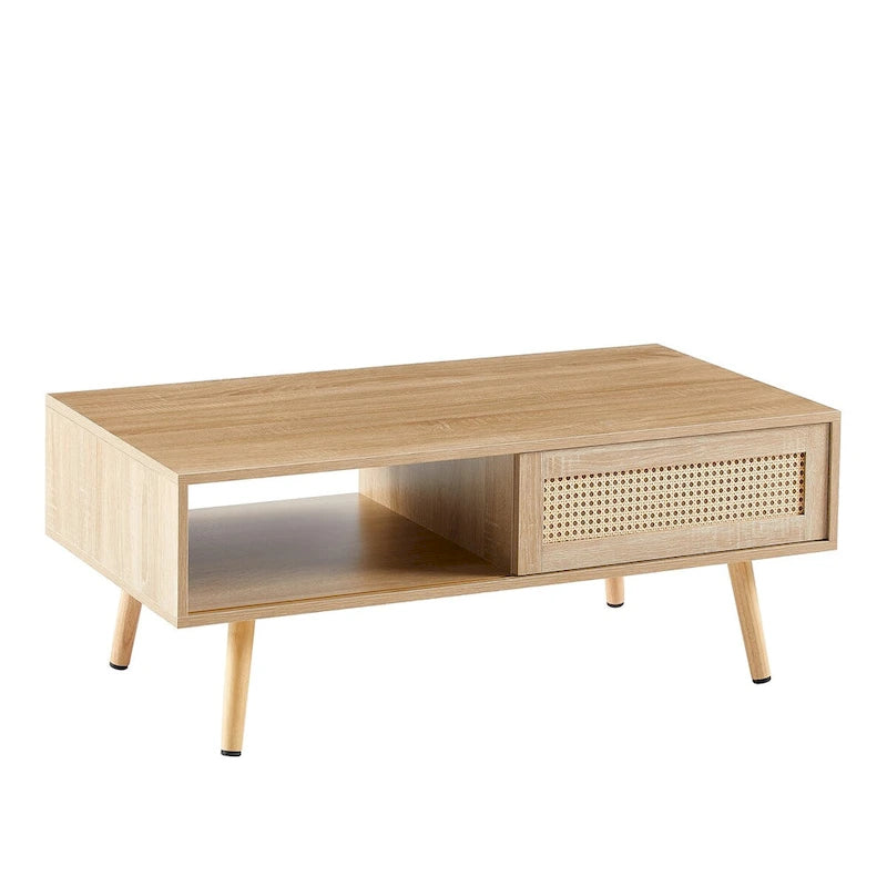 Mieres Modern Coffee Table, Rectangle Wooden Coffee Table with Rattan Woven Door Panel and Solid Wood Legs