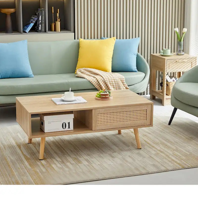 Mieres Modern Coffee Table, Rectangle Wooden Coffee Table with Rattan Woven Door Panel and Solid Wood Legs