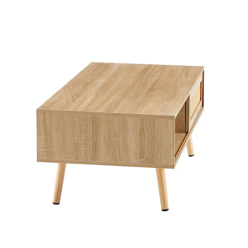 Mieres Modern Coffee Table, Rectangle Wooden Coffee Table with Rattan Woven Door Panel and Solid Wood Legs