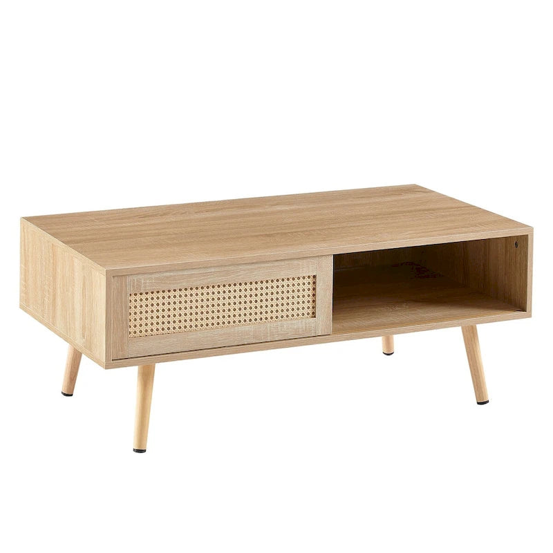 Mieres Modern Coffee Table, Rectangle Wooden Coffee Table with Rattan Woven Door Panel and Solid Wood Legs