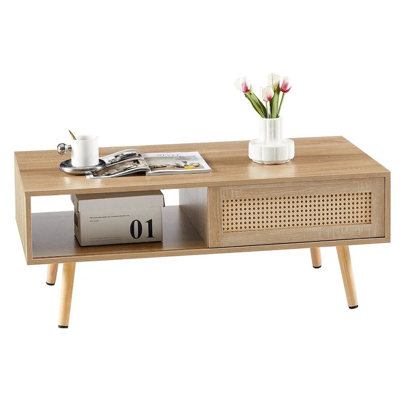 Mieres Modern Coffee Table, Rectangle Wooden Coffee Table with Rattan Woven Door Panel and Solid Wood Legs