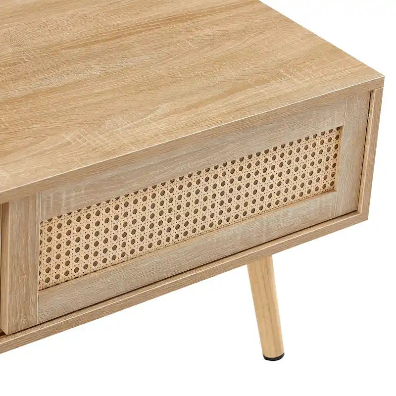 Mieres Modern Coffee Table, Rectangle Wooden Coffee Table with Rattan Woven Door Panel and Solid Wood Legs