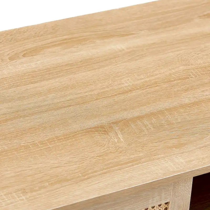 Mieres Modern Coffee Table, Rectangle Wooden Coffee Table with Rattan Woven Door Panel and Solid Wood Legs