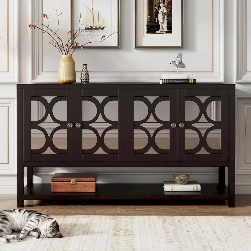 Elegant Retro Console Table with Mirrored Doors, Spacious Shelves and Durable Acacia Wood Legs