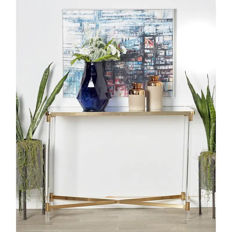 Metal Console Table with Mirrored Top and Acrylic Legs - Gold or Silver - Roche River Decor