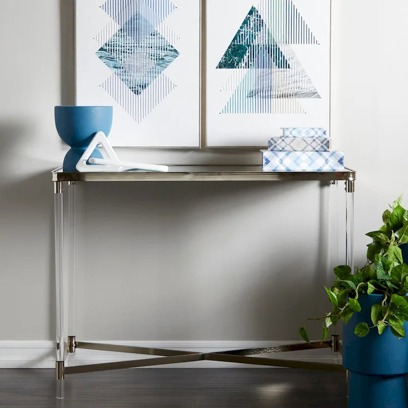 Metal Console Table with Mirrored Top and Acrylic Legs - Gold or Silver - Roche River Decor