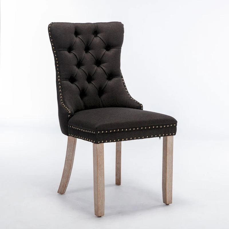 High-end Tufted Solid Wood Contemporary Flax Upholstered Linen Dining Chair with Wood Legs Nailhead Trim 2-Pcs Set