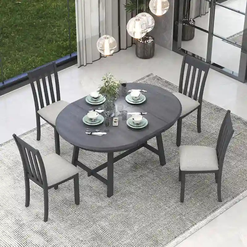 5-Piece Wood Dining Table Set Round Extendable Dining Table with 4 Dining Chairs, Dining Room Table Set for 4 person