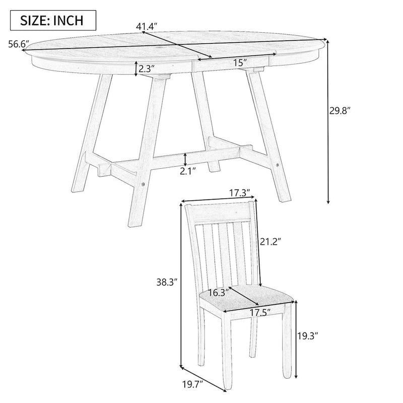 5-Piece Wood Dining Table Set Round Extendable Dining Table with 4 Dining Chairs, Dining Room Table Set for 4 person