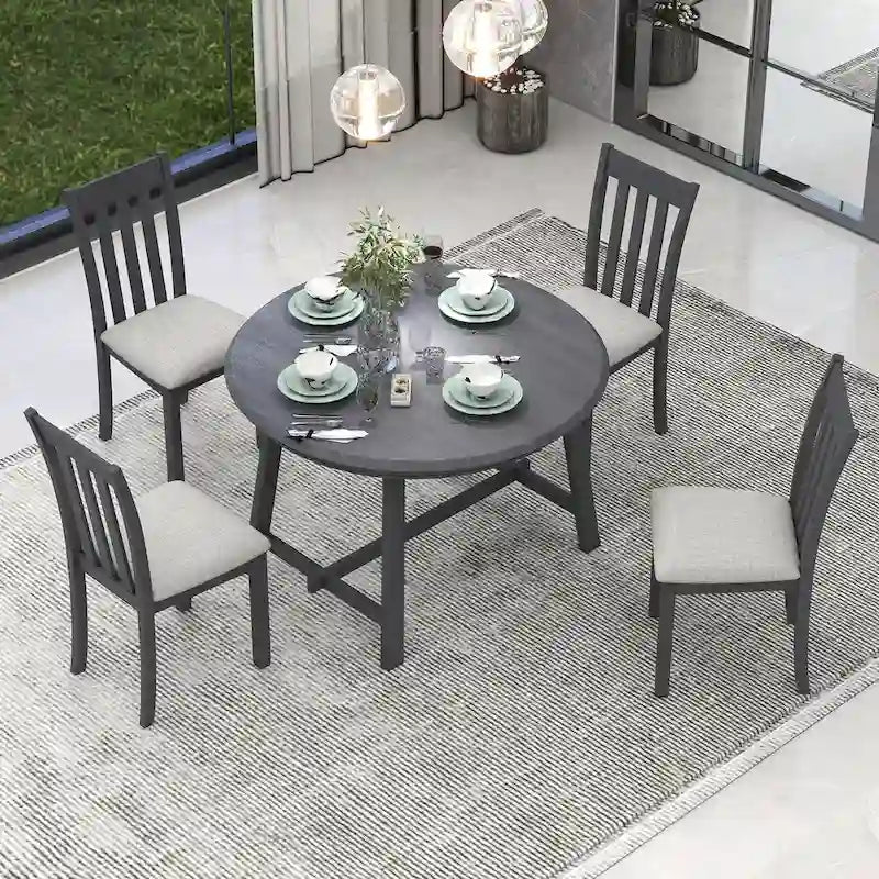 5-Piece Wood Dining Table Set Round Extendable Dining Table with 4 Dining Chairs, Dining Room Table Set for 4 person