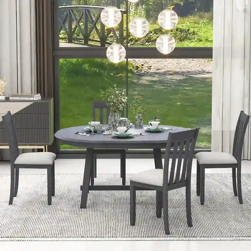 5-Piece Wood Dining Table Set Round Extendable Dining Table with 4 Dining Chairs, Dining Room Table Set for 4 person