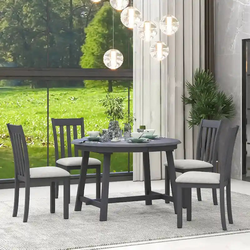 5-Piece Wood Dining Table Set Round Extendable Dining Table with 4 Dining Chairs, Dining Room Table Set for 4 person