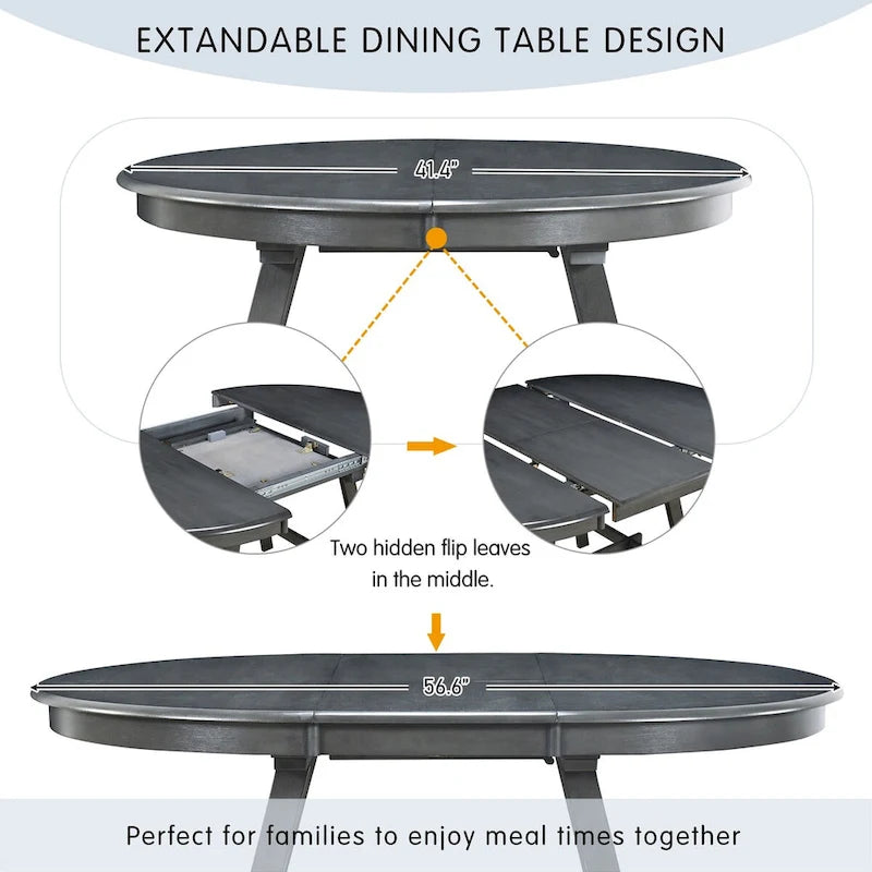 5-Piece Wood Dining Table Set Round Extendable Dining Table with 4 Dining Chairs, Dining Room Table Set for 4 person