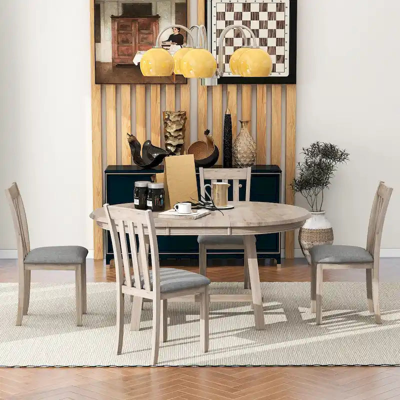 5-Piece Wood Dining Table Set Round Extendable Dining Table with 4 Dining Chairs, Dining Room Table Set for 4 person