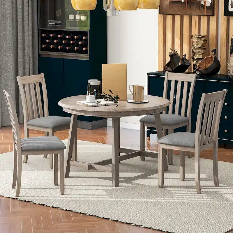 5-Piece Wood Dining Table Set Round Extendable Dining Table with 4 Dining Chairs, Dining Room Table Set for 4 person