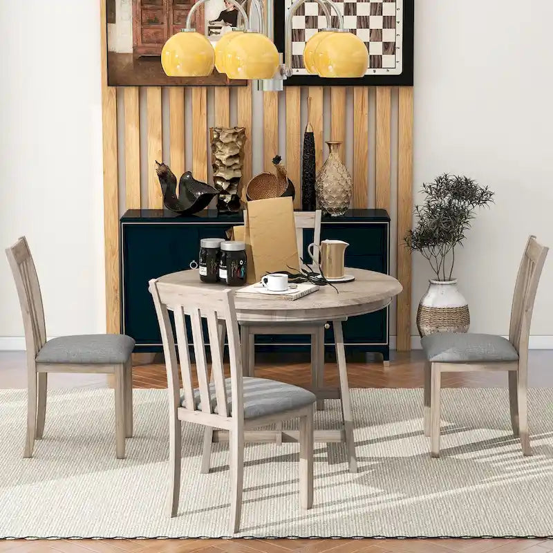5-Piece Wood Dining Table Set Round Extendable Dining Table with 4 Dining Chairs, Dining Room Table Set for 4 person