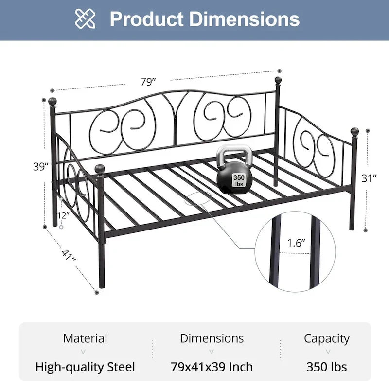 Javlergo Twin Metal Daybed Frame with Slats, Classic Mattress Foundation, No Box Spring Needed