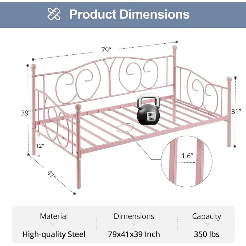 Javlergo Twin Metal Daybed Frame with Slats, Classic Mattress Foundation, No Box Spring Needed