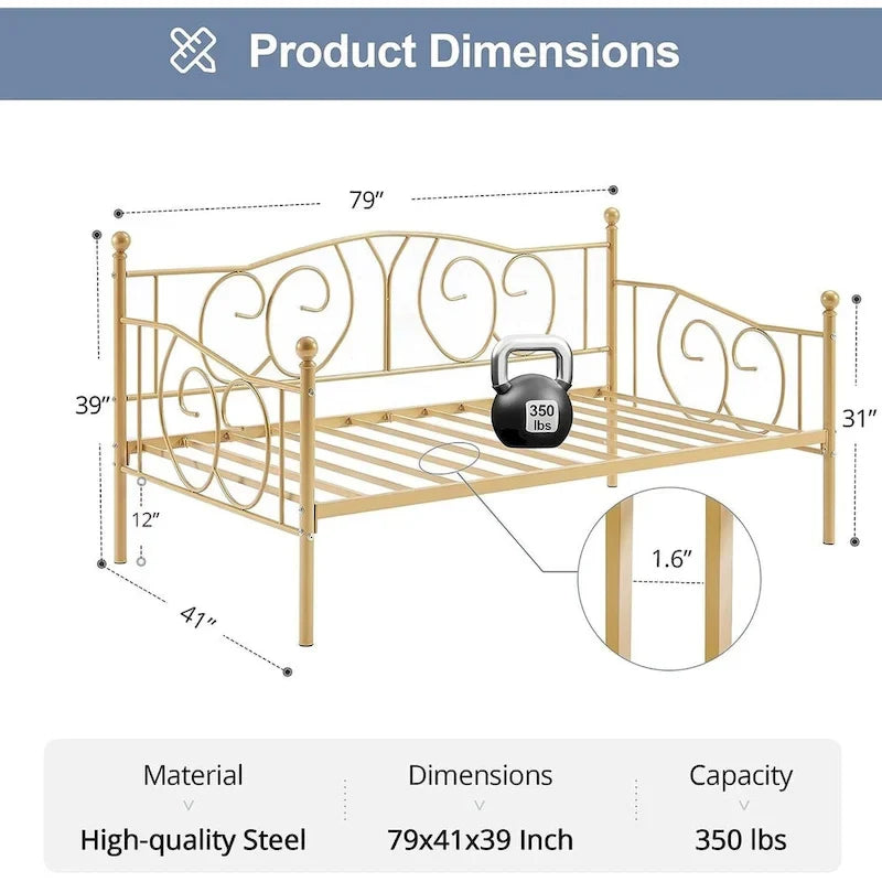 Javlergo Twin Metal Daybed Frame with Slats, Classic Mattress Foundation, No Box Spring Needed