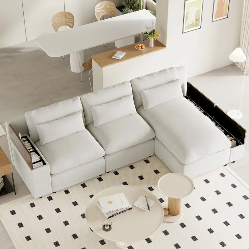 Beige L-Shaped Modular Sectional Sofa with Removable Back Cushions, 3 Pillows, and Storage Spaces