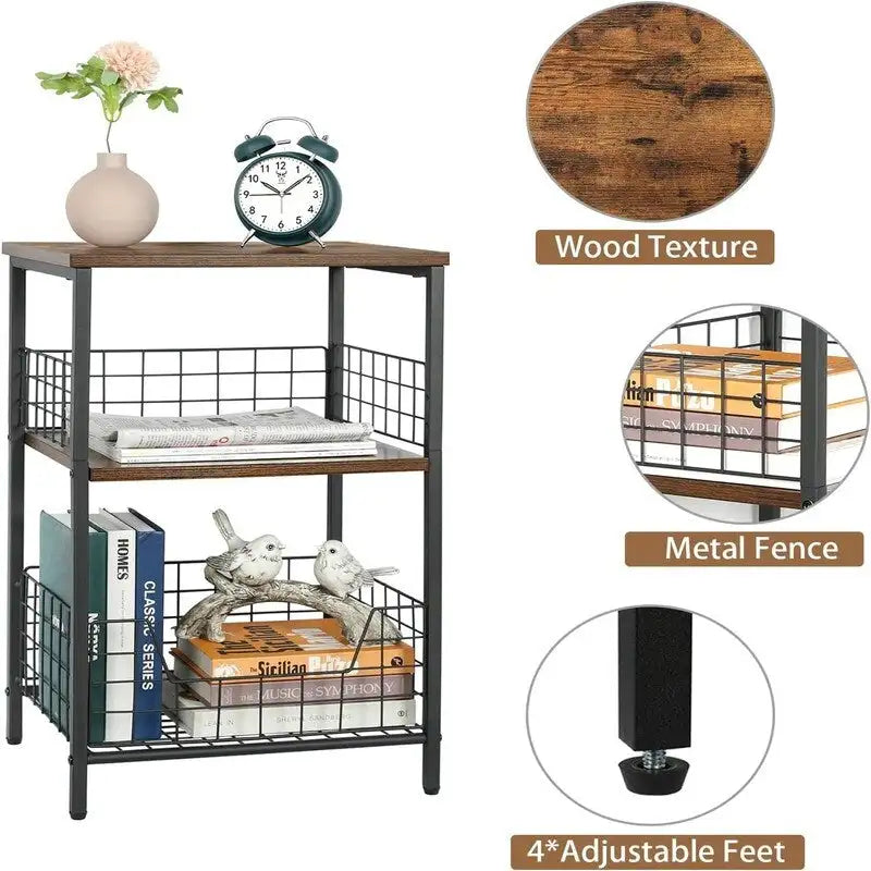 Industrial Retro Side Table Nightstand Storage Shelf - 11.8D x 15.7W x 25H
