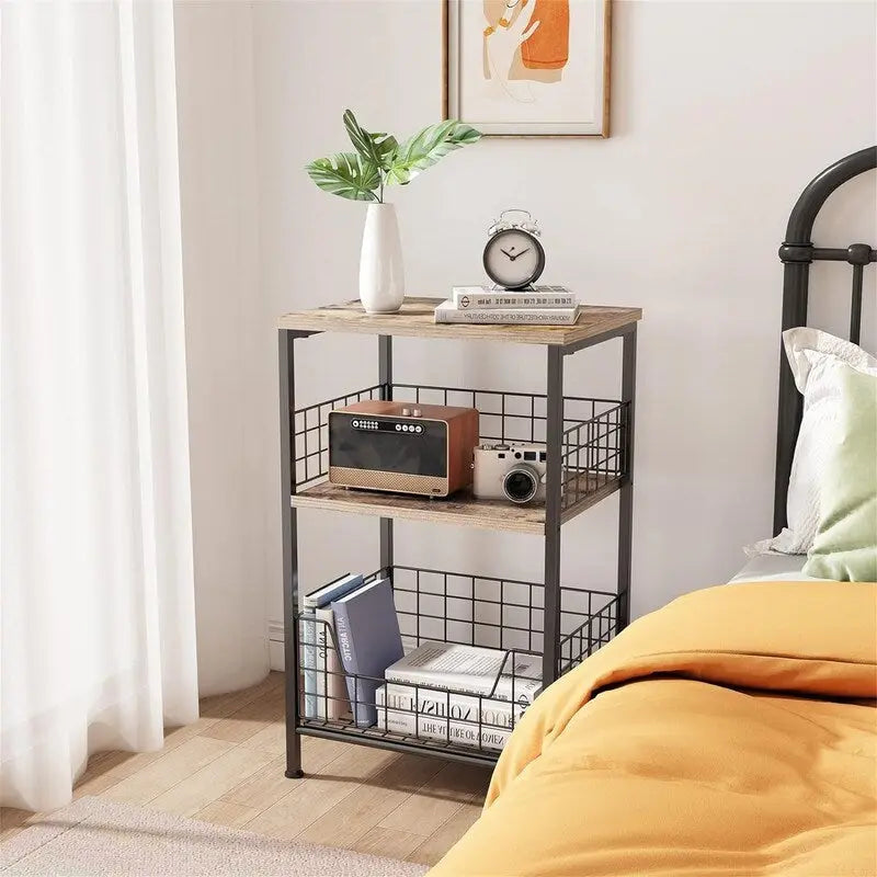 Industrial Retro Side Table Nightstand Storage Shelf - 11.8D x 15.7W x 25H