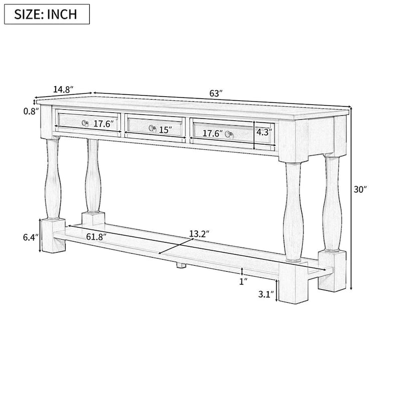 63inch Console Table,Long Sofa Table with Drawers and Shelf,French Country Entryway Table