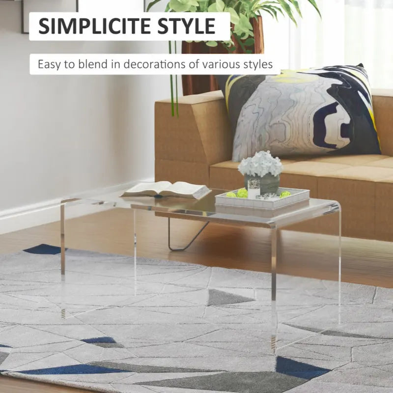 32 Long Rectangle All Acrylic 15mm Thick Waterfall Coffee Table, Clear