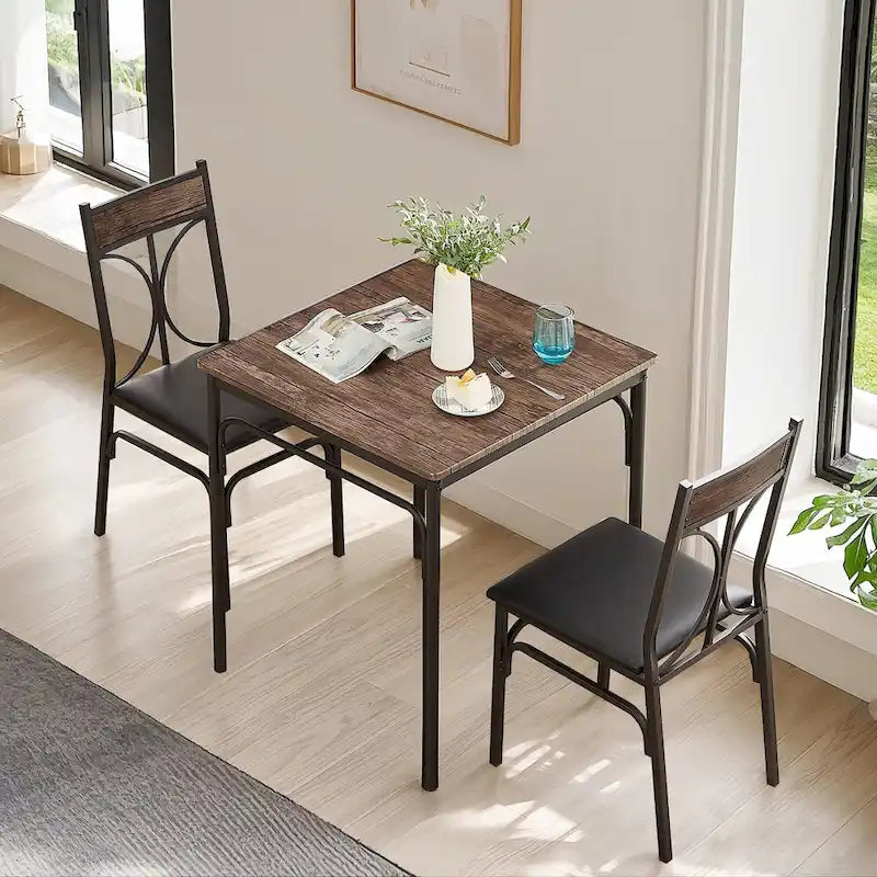 Javlergo 3-Piece Dining Table Set, Kitchen Wood Square Table and Chairs for 2, Rustic Brown