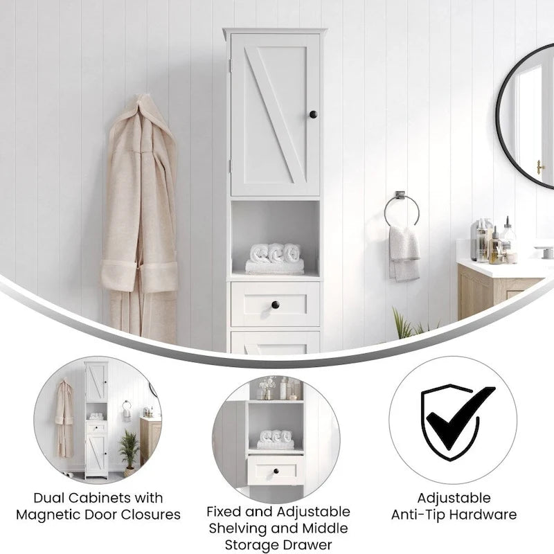 Farmhouse Freestanding Linen Tower with Shelves, Drawer, and Doors